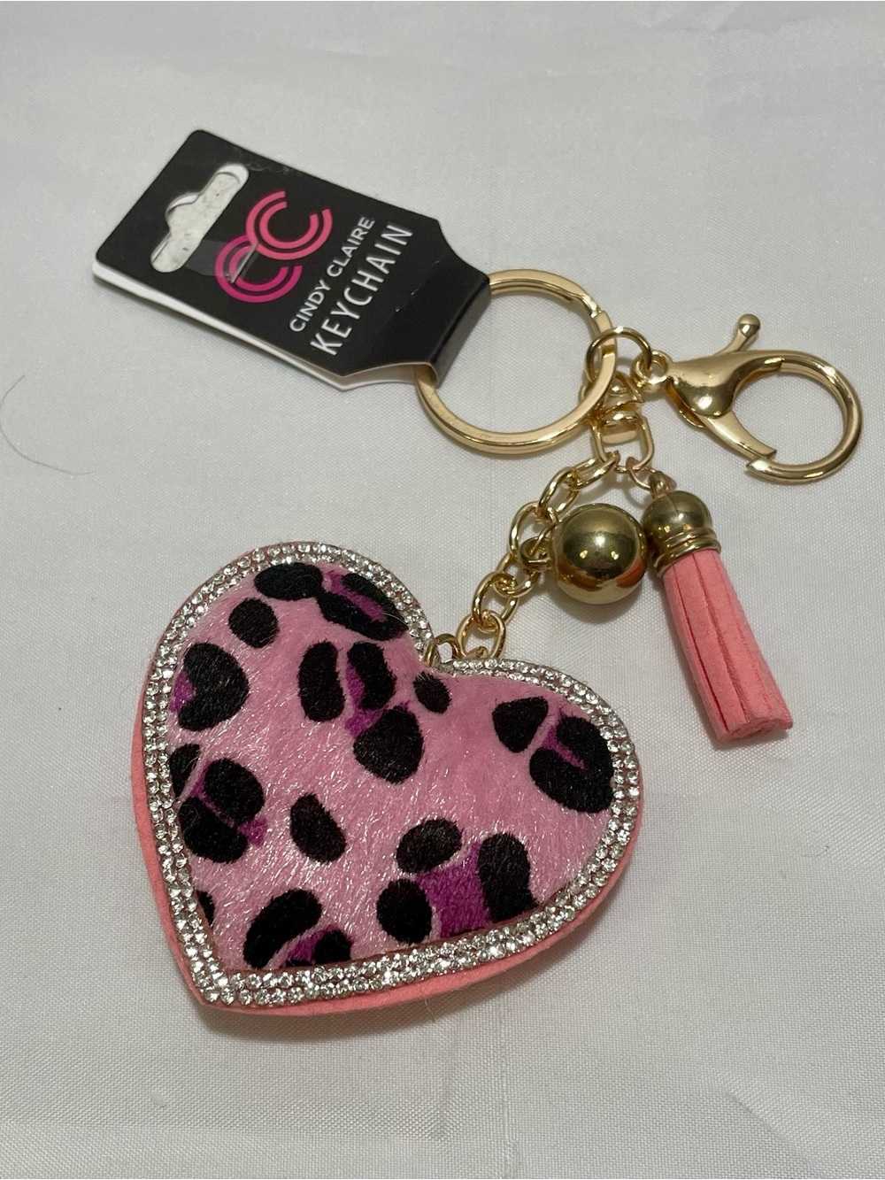 Bag Charm- Cindy Claire Heart in Pink Leopard with Crystal Border & Tassel, NWT